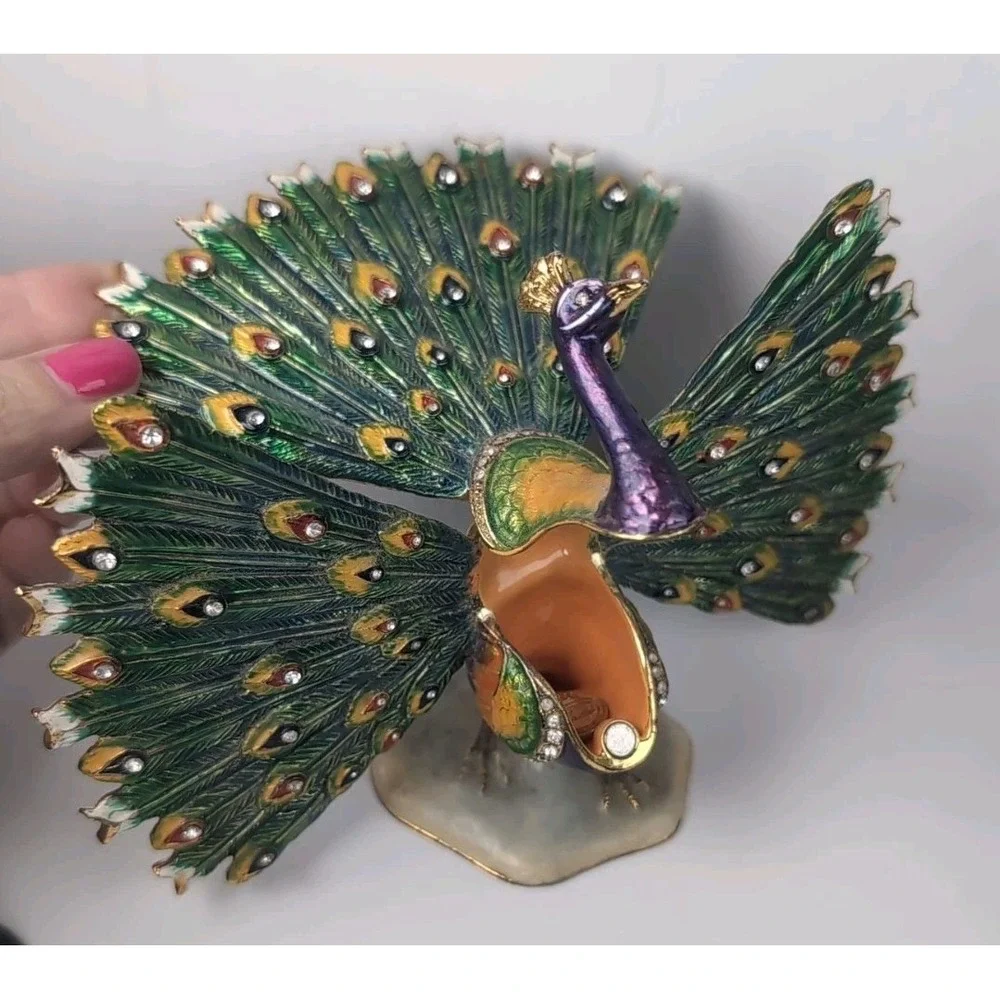 Sorelle Peacock Trinket Box Gold tone Hinged Storage Colorful Bejeweled